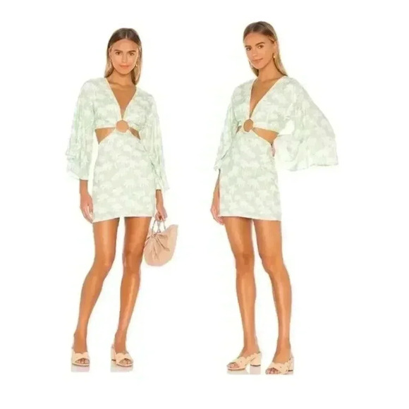 Lovers + Friends S Maysa Kimono Dress Palm Tree Print Green White Rayon Lined Sm - Picture 5 of 10